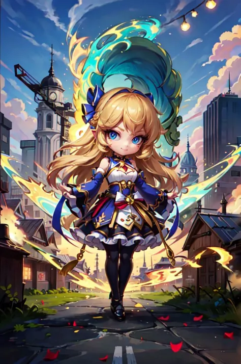 <lora:ChibiChampions_style:0.7> (ChibiChampions:1), (chibi:1), full body,, ultra detailed, masterpiece, best quality, aesthetic, detailed,, solo, soft smile, light smile,
1girl, blue eyes, very long hair, blonde hair, long blonde hair, french braid, bangs, medium breasts,, hair ribbon, frilled choker, criss-cross halter, sleeveless dress, high-waist skirt, backless dress, waist bow, detached sleeves, frilled sleeves, wide sleeves, pantyhose, patterned legwear, mary janes,