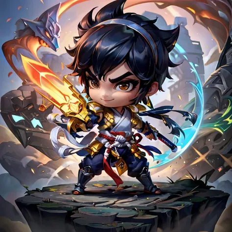 1boy, thick eyebrows, smile, skinny, (samurai, helmet, sword, male, spiked hair), from below, 3d, (black hair, brown eyes, earrings, hairband:1.2), (ChibiChampions:1), (chibi:1.4),
(white background),(dynamic angle),(full body:1.2),
(masterpiece:1.2), (best quality, highest quality), (ultra detailed), (8k, 4k, intricate),