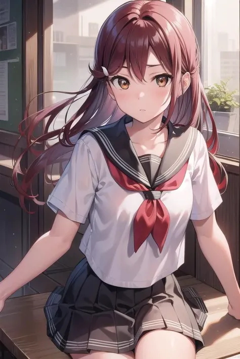 rikosakurauchi, <lyco:rikosakurauchi-lyco-nochekaiser:1>,
riko sakurauchi, (brown eyes:1.5), hair between eyes, long hair, (red hair:1.5), (small breast:1.2),
BREAK grey skirt, neckerchief, pleated skirt, red neckerchief, school uniform, serafuku, shirt, short sleeves, skirt, white shirt, uranohoshi school uniform,
BREAK looking at viewer,
BREAK indoors, classroom,
BREAK <lyco:GoodHands-beta2:1>, (masterpiece:1.2), best quality, high resolution, unity 8k wallpaper, (illustration:0.8), (beautiful detailed eyes:1.6), extremely detailed face, perfect lighting, extremely detailed CG, (perfect hands, perfect anatomy),