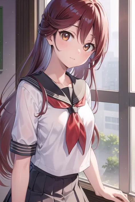 rikosakurauchi, <lyco:rikosakurauchi-lyco-nochekaiser:1>,
riko sakurauchi, (brown eyes:1.5), hair between eyes, long hair, (red hair:1.5), (small breast:1.2),
BREAK grey skirt, neckerchief, pleated skirt, red neckerchief, school uniform, serafuku, shirt, short sleeves, skirt, white shirt, uranohoshi school uniform,
BREAK looking at viewer,
BREAK indoors, classroom,
BREAK <lyco:GoodHands-beta2:1>, (masterpiece:1.2), best quality, high resolution, unity 8k wallpaper, (illustration:0.8), (beautiful detailed eyes:1.6), extremely detailed face, perfect lighting, extremely detailed CG, (perfect hands, perfect anatomy),