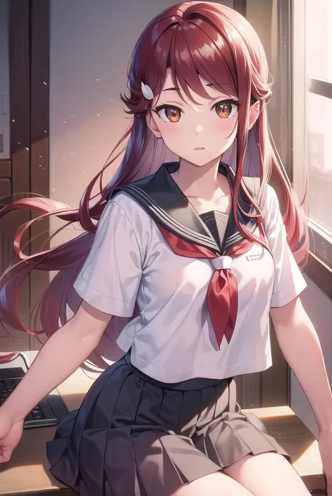 rikosakurauchi, <lyco:rikosakurauchi-lyco-nochekaiser:1>,
riko sakurauchi, (brown eyes:1.5), hair between eyes, long hair, (red hair:1.5), (small breast:1.2),
BREAK grey skirt, neckerchief, pleated skirt, red neckerchief, school uniform, serafuku, shirt, short sleeves, skirt, white shirt, uranohoshi school uniform,
BREAK looking at viewer,
BREAK indoors, classroom,
BREAK <lyco:GoodHands-beta2:1>, (masterpiece:1.2), best quality, high resolution, unity 8k wallpaper, (illustration:0.8), (beautiful detailed eyes:1.6), extremely detailed face, perfect lighting, extremely detailed CG, (perfect hands, perfect anatomy),