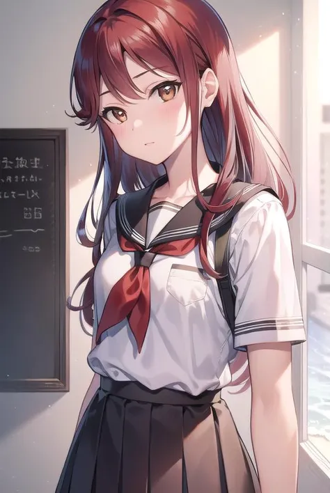 rikosakurauchi, <lyco:rikosakurauchi-lyco-nochekaiser:1>,
riko sakurauchi, (brown eyes:1.5), hair between eyes, long hair, (red hair:1.5), (small breast:1.2),
BREAK grey skirt, neckerchief, pleated skirt, red neckerchief, school uniform, serafuku, shirt, short sleeves, skirt, white shirt, uranohoshi school uniform,
BREAK looking at viewer,
BREAK indoors, classroom,
BREAK <lyco:GoodHands-beta2:1>, (masterpiece:1.2), best quality, high resolution, unity 8k wallpaper, (illustration:0.8), (beautiful detailed eyes:1.6), extremely detailed face, perfect lighting, extremely detailed CG, (perfect hands, perfect anatomy),