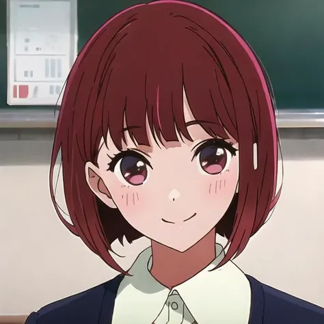 <lora:arima_kana_v5-000004:0.7>, masterpiece, best quality, arima_kana, looking at viewer, solo, upper body, school_uniform, classroom, smile, (close_mouth)