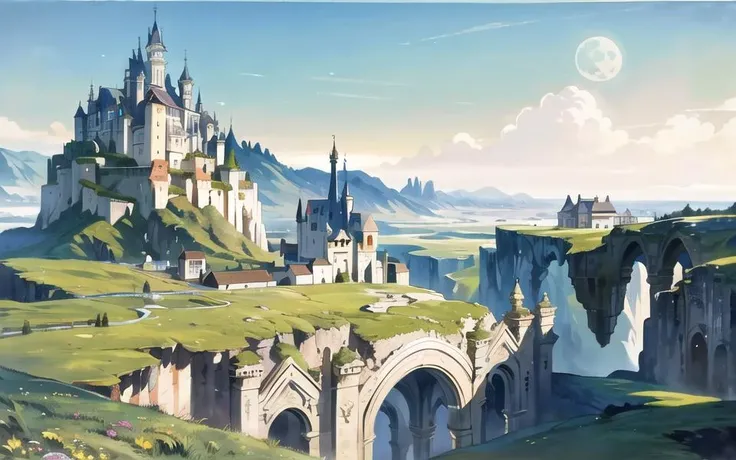 best quality, (masterpiece), illustration, beautiful detailed, dramatic light, landspace drawing, environment, background illustration,
cityscape, fantasy, futuristic castle in a traditional era, flower, grass, outdoor, architecture, blue sky, broken world where moon crashes the earth, view from the cliff, (panorama traditional houses),
  <lora:MMMrefiner:0.7>