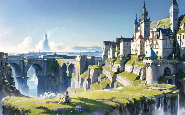 best quality, (masterpiece), illustration, beautiful detailed, dramatic light, landspace drawing, environment, background illustration,
cityscape, fantasy, futuristic castle in a traditional era, flower, grass, outdoor, architecture, blue sky, broken world where moon crashes the earth, view from the cliff, (panorama traditional houses),
  <lora:MMMrefiner:0.7>