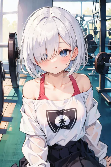 masterpiece, best quality, high resolution, absurdres,
hair over eyes, hair over one eye, oversized shirt, shirt, off shoulder, cute, skirt, gym, white hair, short hair , 1 girl