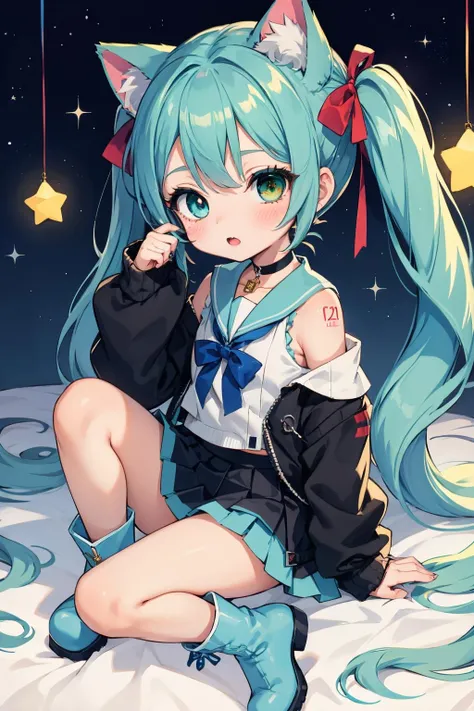 mmasterpiece, best quality, high resolution, absurdres,
1girl,
6 year old girl, 1girl, (light_bow, flow), (â¨,â¤:1.2), Cat ears, animal ears, twin tail, sleeveless sailor suit, white frilly skirt, off shoulder, (blue eye and green eye:1.4), long boots ,blue ribbon,Cat ears, animal ears, Hatsune Miku hairstyle, sleeveless sailor suit, white frilly skirt, (blue off-shoulder jumper:1.2), long boots, blue ribbon, cute,cute, choker with one star keychain,