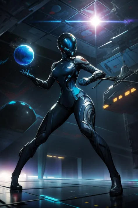masterpiece,best quality,1girl,mag,warframe,helmet,large breasts,wide hips,energy ball in hands,fighting stance,floating,light particles,spacecraft interior,science fiction,<lora:mag:0.7>,