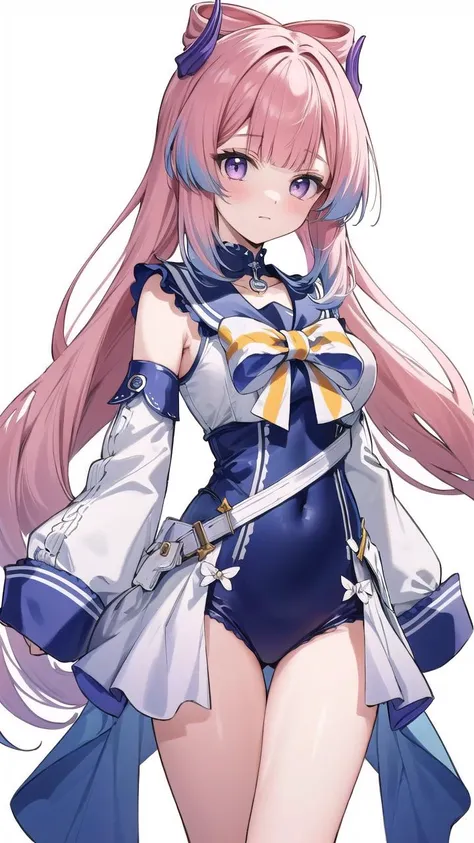 1girl,closed mouth,solo,no pupils,purple eyes,pink hair,blue hair,bangs,blunt bangs,long hair,bow-shaped hair,<lora:ççå®«å¿æµ·ï¼ä»å¤´é¨ï¼char-kokomi:0.9>,large breasts,looking at viewer,cosplay,[[[full body]]],
<lora:mikuhatsune-éªèåå¥:0.8>,one-piece swimsuit,detached sleeves,sailor collar,twintails,twin drills,, ,finely detailed,detailed, {masterpiece}, extremely detailed cg unity 8k wallpaper, best quality,(masterpiece), best quality,