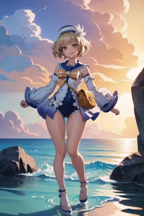 masterpiece, best quality,shiny,chromatic aberration abuse,pastel color, cameltoe, full body, <lora:barbaraswimV1:1>,one-piece swimsuit, sailor collar, detached sleeves,hat,sandals,bag,animal bag, 1girl,solo, blonde hair, short hair,braid,smile,red eyes, ocean,rock,sunshine,in water,, (masterpiece:1.2), best quality, high resolution, unity 8k wallpaper, (illustration:0.8), extremely detailed face, perfect lighting, extremely detailed CG, (perfect hands, perfect anatomy), (masterpiece, best_quality, ultra-detailed, immaculate:1.3), epic, illustration, render, <lora:GoodHands-vanilla:0.9>