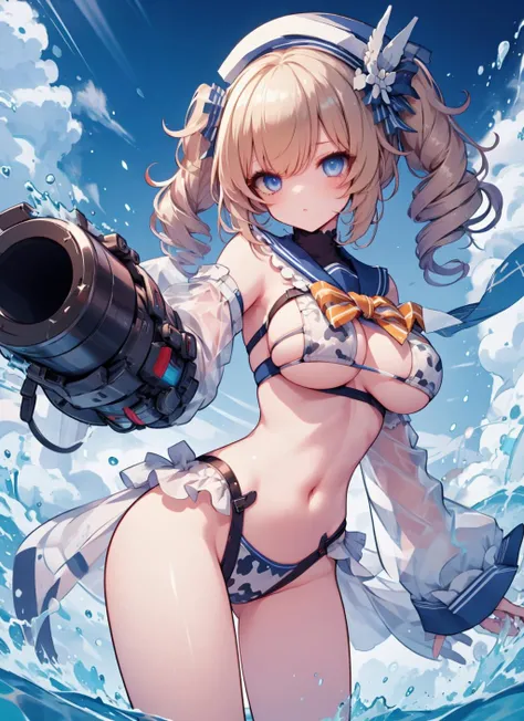 masterpiece,(ultra-detailed),1girl, mysterious heroine xx \(fate\), smile,open mouth, swimsuit, white bikini, side-tie bikini bottom, shrug \(clothing\), jacket, thigh strap, wristband, large_breasts, ocean, splashing,blonde_ponytail,open_legs,