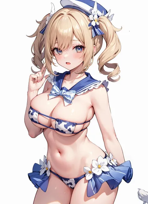 1girl,solo, large breasts, blonde hair, twintails, hair flower, twin drills, sailor hat, , cow print, eyepatch bikini, cowboy shot,  <lora:barbaraswimV1:1>,strapless, collarbone, medium hair,