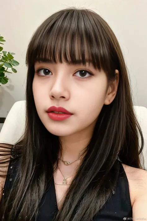 a woman with long hair and a black top on a couch with a white wall behind her and a red lipstick