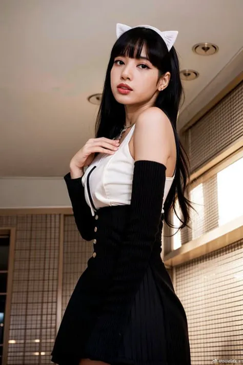 a woman with long hair, (maid outfit), (from below), cat ears hair ornament