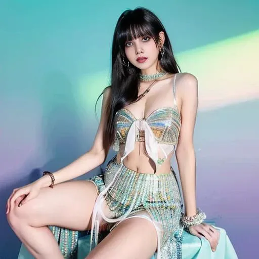 masterpiece, best quality, 1girl, aqua eyes, black hair, closed mouth, earrings, multicolored background, hoop earrings, jewelry, looking at viewer, long hair, outdoors, solo, full body, alluring, clean, beautiful face, pure face, pale skin, sexy pose, navel,((luxury dress))