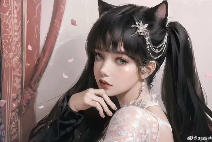 <(masterpiece, realistic:1.4), (extremely intricate:1.2)>, Lisa, beautiful royal princess, (intricate detailed black and white royal dress), cat ears hair ornament, detailed gems, (solo:1.3), scattered pink flower petals
