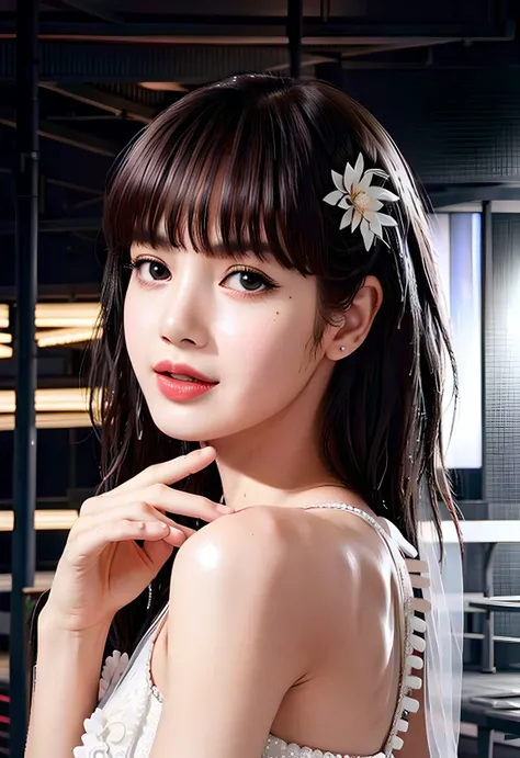 modelshoot style, (extremely detailed CG unity 8k wallpaper), photo of the most beautiful artwork in the world, (wedding dress), (messing hair, hair wet, shiny skin, wet ), (rainy:1.2), street, neon street light, professional lighting, photon mapping, radiosity, physically-based rendering, cinematic lighting, intricate, High Detail, Sharp focus, dramatic, photorealistic, beautifully face, body perfect, beautiful background, outdoor, rooftop yacht, smile, flower hair ornament