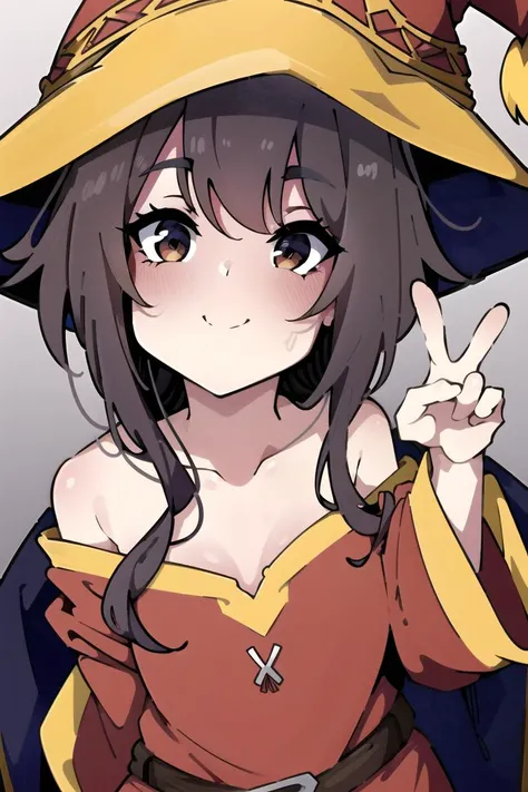 (best quality), detailed,1girl, solo,looking at viewer,simple background, upper body, close-up, peace sign
standing ,smile ,detailed eyes , detailed face, adorable face , cute, megumin, witch hat, red mage robe,
<lora:beautifulDetailedEyes:0.1>,elbow hand out of frame, <lora:megumin_type2:0.6>, <lora:kakureEriaStyle-20:0.9>,