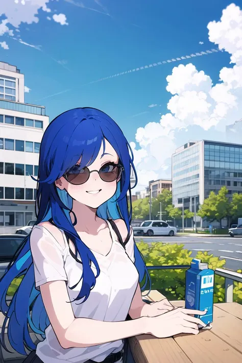 1girl,solo, detailed eyes, smile, perfect face, urban area , modern building , sunglasses, juice box, vast blue sky, clouds, long hair, multicolored hair,<lora:kakureEriaStyle-20:0.8>,