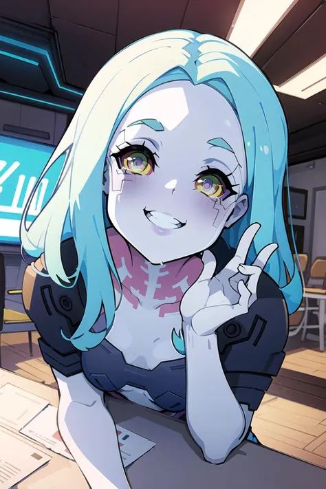 <lora:kakureEriaStyle-20:0.9> ,1girl,solo, smile, perfect face, transparent skin, blue skin, colored sclera, <lora:Rebecca:0.8> rebecca \(cyberpunk\), detailed eyes,