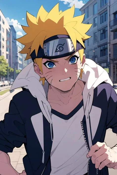 1boy ,solo,    detailed eyes,   masculine face, urban area ,  modern building , sunglasses, vast blue sky, clouds,  morning, sunny, muscular male, detailed background,    <lora:Naruto:0.8> uzumaki naruto, <lora:kakureEriaStyle-20:0.9>,