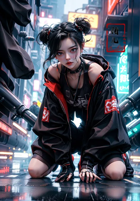 CG masterpiece, 3D Chinese girl, angelic face, techno-cool style, dressed in cyberpunk mixed with Chinese style clothing, crouching on the ground, tense image, dynamic poses, stunning colors, super wide angle lens, 3D rendered headshot, cinematic, photorealistic, OC renderer, super-realistic, (full body:1.5), <lora:prone_20230904184144:0.8>
