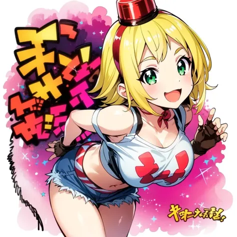 masterpiece, best quality, (1girl, solo),
patoranran, 1girl, solo, fingerless gloves, blonde hair, hat, gloves, green eyes, breasts, open mouth, cleavage, smile, short hair, copyright name, large breasts, chain, shorts,  :d, simple background, denim, looking at viewer, blush, from above, tank top, hairband, shirt, ribbon
 <lora:PatoRanran:0.65>
(city)
( cowboy shot,  dynamic pose,  looking at viewer ),