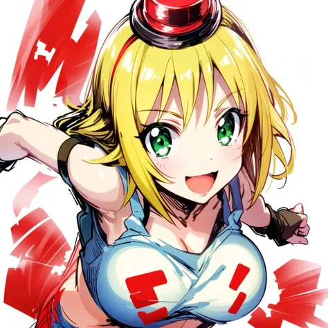 masterpiece, best quality, (1girl, solo),
patoranran, 1girl, solo, fingerless gloves, blonde hair, hat, gloves, green eyes, breasts, open mouth, cleavage, smile, short hair, copyright name, large breasts, chain, shorts, white background, :d, simple background, denim, looking at viewer, blush, from above, tank top, hairband, shirt, ribbon
<lora:PatoRanran:0.65>
( simple background, dynamic pose, looking at viewer ),(close-up, face focus,upper body, )