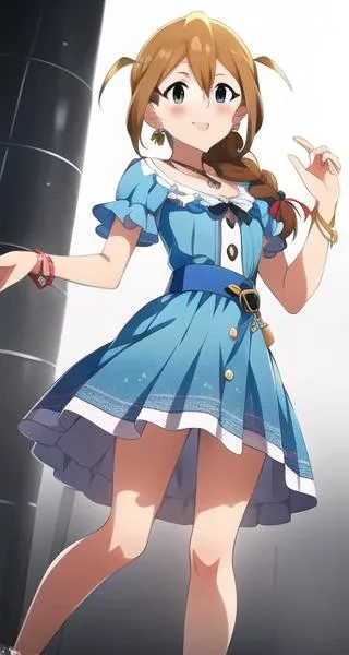 <lora:Konomi_Baba:1>konomi baba (million live),single braid,side braid,hair over shoulder,earrings ,necklace ,leg ring, bracelet,NSFW ,solo,full body, upskirt