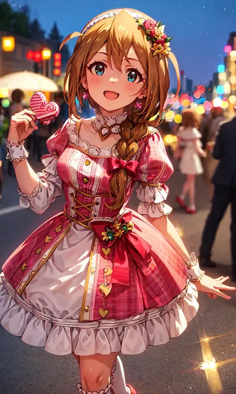 konomi baba \(million live\),1girl, solo, single braid,hair over shoulder, (best quality, 8K, masterpiece, ultra detailed:1.2),
valentine,street,people,crowd,night, gradient sky, blurry, sparkle, light particles,
hairband, earrings, frilled dress, long puffy sleeves, jewelry, pink dress, white socks, high heels, red footwear, ribbon, (cowboy shot)