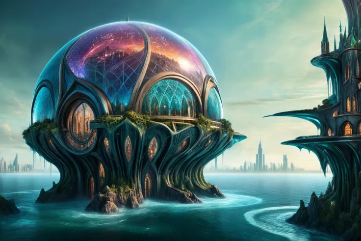 <lora:xl_more_art-full_v1:0.7>, (best quality:1.5), (hyperrealism:1.3), (intricate emotional details:1.5), (ultra detailed), (sharp focus), (sharp details), detailed digital illustration of a [Ocean planet inhabited by amphibious aliens:Holographic city in alternate dimension:0.5], Gothic,  custom/colors , <lora:scibu:0.7> scibu, <lora:EnvyElvishArchitectureXL01:0.7> elven architecture