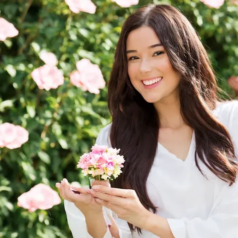 beautiful young perfect hoacb girl in front of a flower shop, blemishes, detailed fingers, solo, full body shot, innocent face, teasing, happy, smile, innocence, cute, angelic, sweet, cherubic, full length shot, wide shot, tall shot, vertical shot, standing shot, establishing shot, smooth skin, detailed face, facial details, refined, delicate, expressive, accurate, full details.  highly detailed, symmetrical face:1.3, eyes open, precise, perfect, striking, expressive, engaging, photorealistic, 8k, realistic, high resolution, life-like, detailed, vibrant, sharp, volumetric lighting, realistic, photorealistic reflections, interactive, advanced, high-quality, engaging, real-time, 48-bit, 32-bit