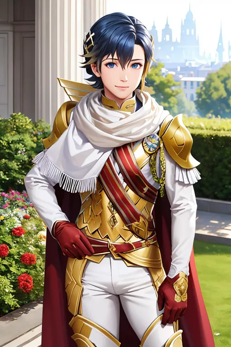 <lora:alfonse-10:0.8> alfonse \(fire emblem\), short hair, blue hair, black hair, blonde hair, gradient hair, two-toned hair hair, hair between eyes, blue eyes, hair ornament, scale armor, white scarf, single pauldron, leather gloves, brown gloves, white pants, chest strap, thigh boots, cape
beautiful, masterpiece, best quality, 1boy, male focus, greek columns, garden, smile, looking at viewer