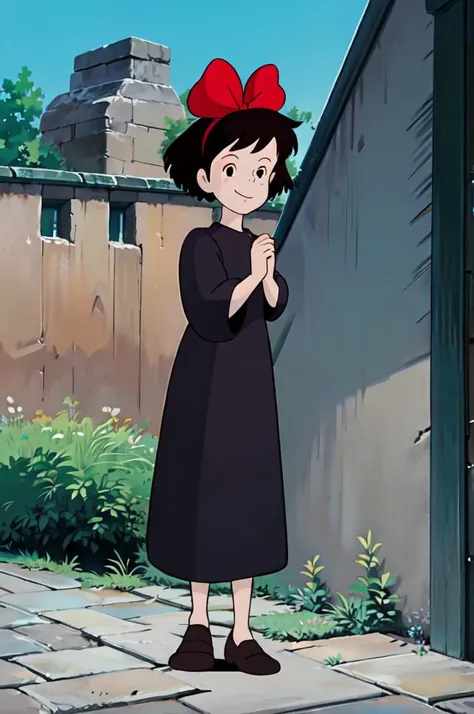 <lora:add_detail:0.2> full body, looking at viewer, smile, Kiki, 1girl, medium hair, brown hair, black eyes, hair bow, black dress, brown footwear, in a village street with stone pavement, overgrowth sky horizon, <lora:Kiki003:0.8>