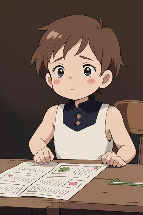 ((sticker design, Bronze background)), child boy, short hair, sleeveless shirt, (masterpiece, best quality:1.6), ghibli, Winter, Table Mountain, flustered, groom,