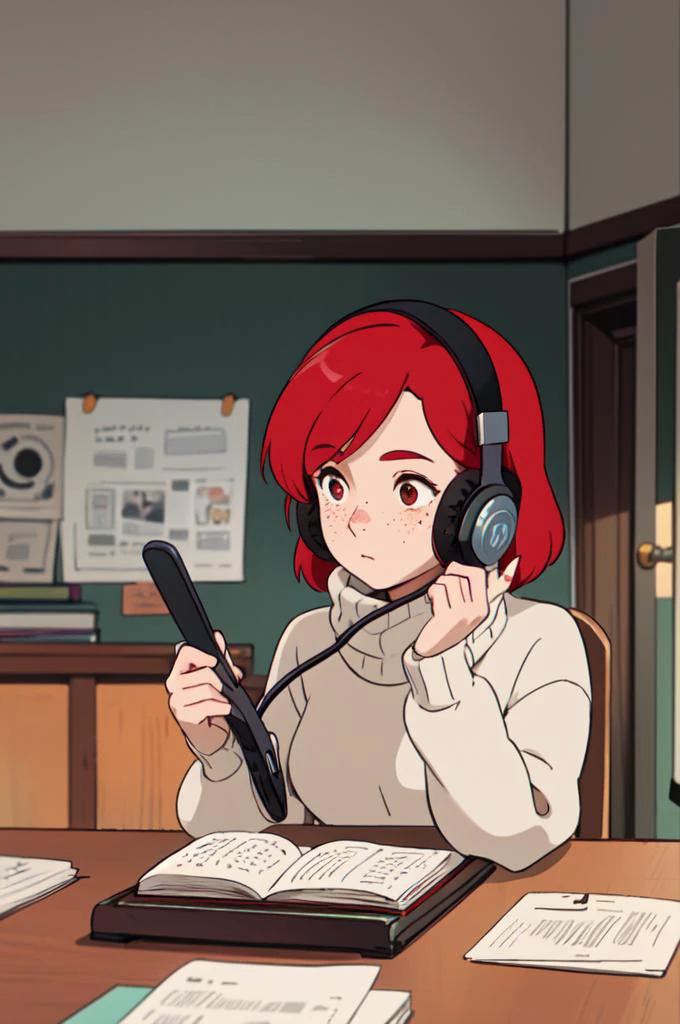 upper body, a mature 25 y.o girl studying in her room with headphones on, wearing a turtleneck sweater, red hair, freckles, (profiles:0.5), <lora:howlsMovingCastleInterior_v1:0.4>