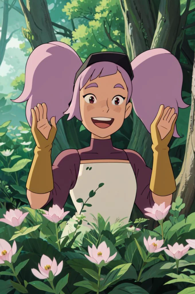 upper body, solo, 1girl, entrapta stands outside in a forest, raising hands, illustration, ghibli, flower petals everywhere, magic effects, long twintails, happy <lora:Entrapta-08:0.8>