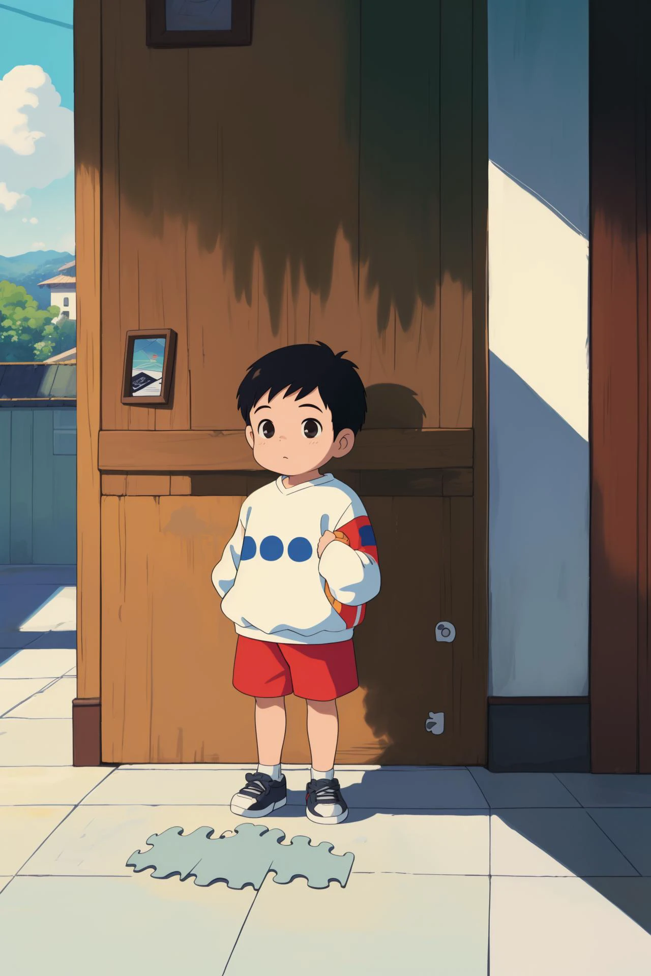 , short hair, sweatshirt, (masterpiece,high quality:1.3), (high detailed skin,ultra realistic, 32k, RAW photo),(film grain:1.2)), , Summer, Costa Rica, doing puzzles, shadow assassin,