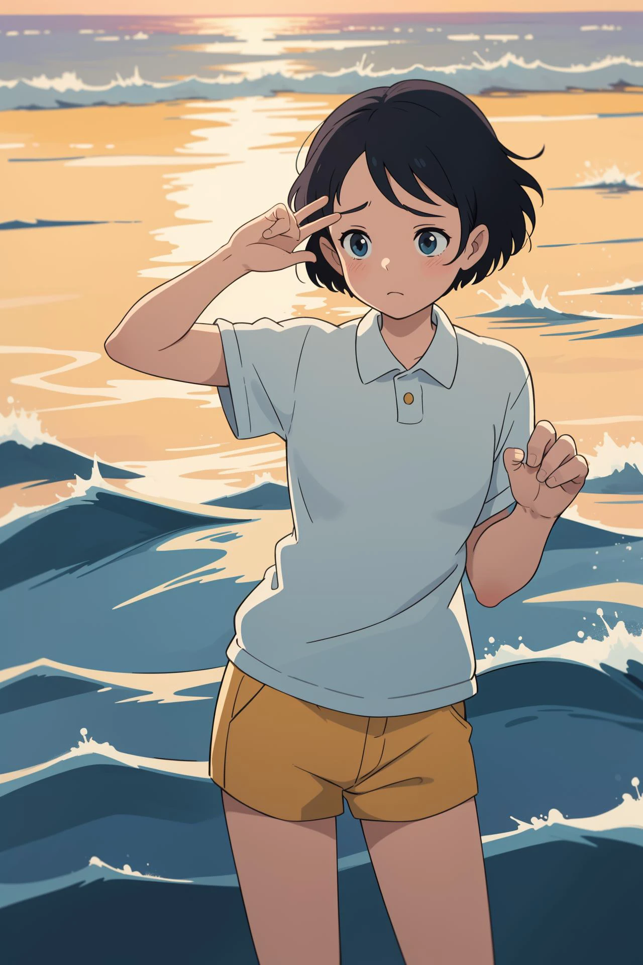 old man, short hair, polo shirt, (masterpiece, best quality:1.6), the ocean waves, at Golden hour, Estuary, action pose, Disheartened,