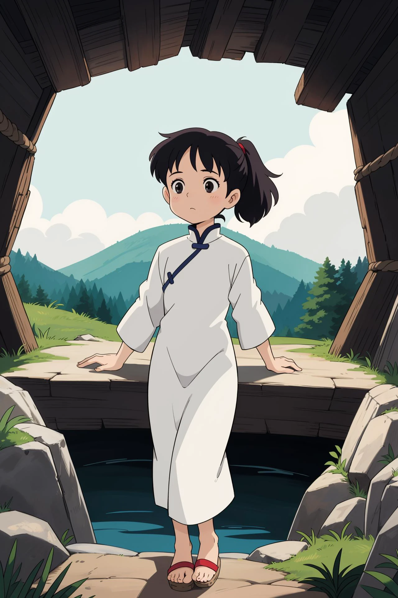 girl, low ponytail, (girl portrait:1.2), ((aodai:1.2)) , (masterpiece, best quality:1.6), princess mononoke, at Overcast, Sinkhole, crossed legs, mage slayer,