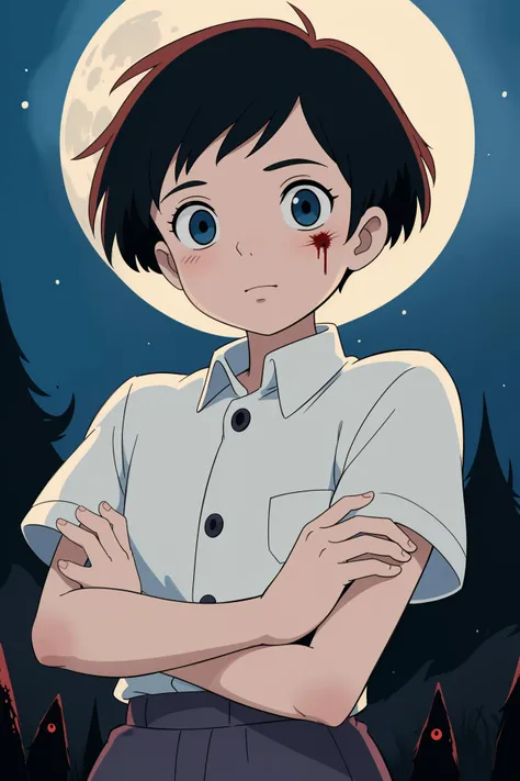 , short hair, button-down shirt, (masterpiece, best quality:1.6), ghibli, Moon in the night, Ridge, crossed arms, abjurer, (horror style:1.4), blood,