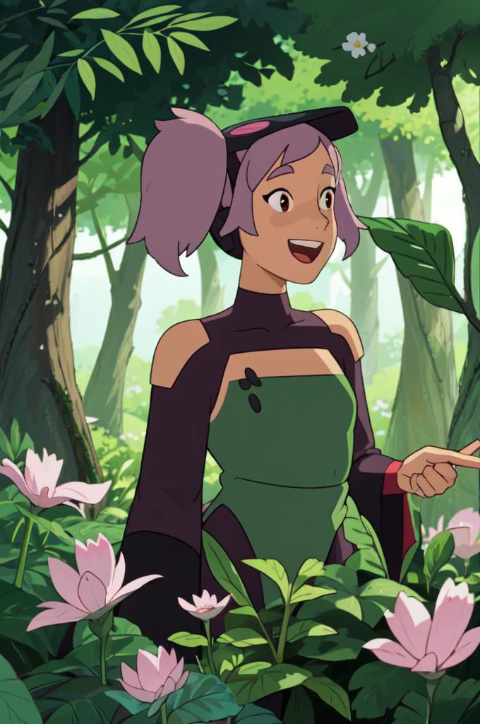 upper body, solo, 1girl, entrapta stands outside in a forest, illustration, ghibli, flower petals everywhere, magic effects, long twintails, happy <lora:Entrapta-08:0.8>