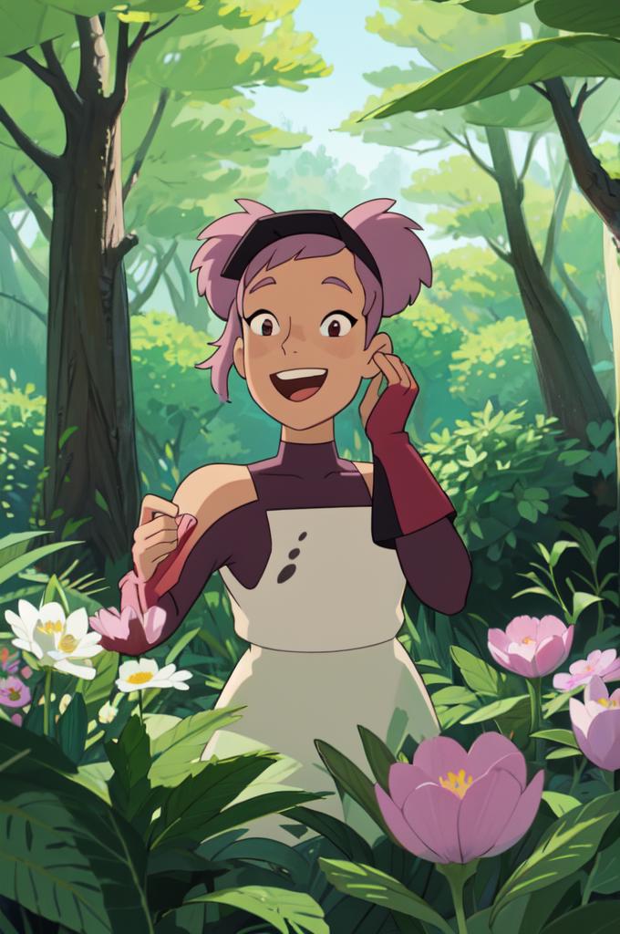 A cartoon girl in a garden with flowers and trees - SeaArt AI