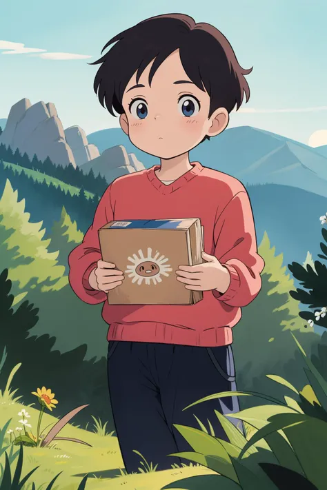 boy, short hair, crew neck sweater, (masterpiece, best quality:1.6), ghibli, Sun in the sky, Rocky Mountain National Park, ð¤, Charismatic,