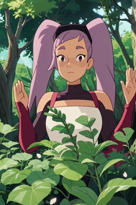 upper body, solo, 1girl, entrapta stands outside in a forest, raising hands, illustration,  ghibli, flower petals everywhere, magic effects, long twintails  <lora:Entrapta-08:0.8>