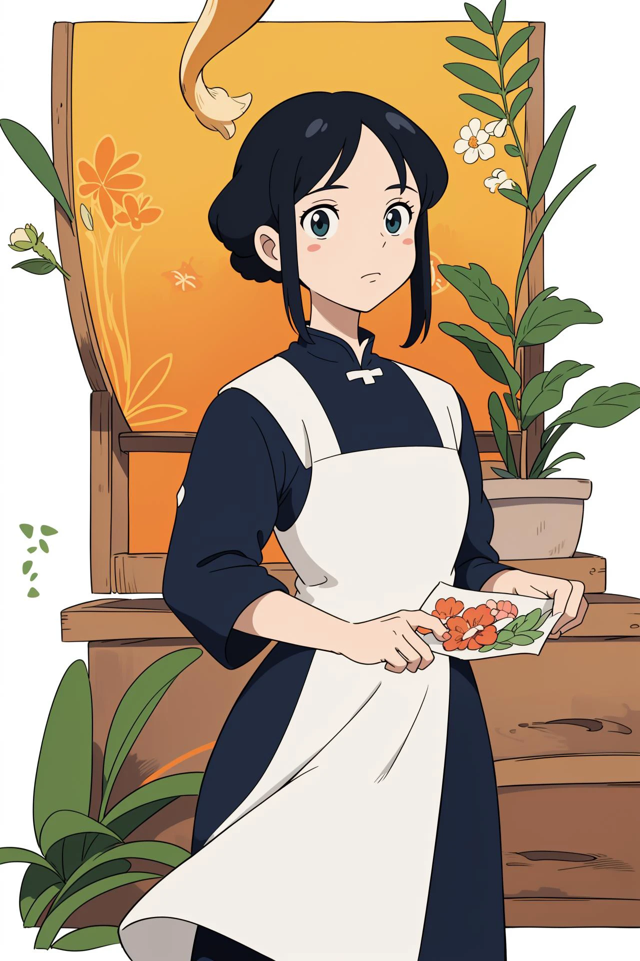 ((sticker design, white background)), lady, blorange, (girl portrait:1.2), ((aodai:1.2)) , (masterpiece, best quality:1.6), ghibli, at Dusk, The Hanging Gardens of Babylon, planning events, indonesia,