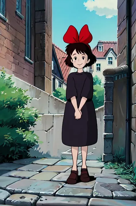 <lora:add_detail:0.2> full body, looking at viewer, smile, Kiki, 1girl, medium hair, brown hair, black eyes, hair bow, black dress, brown footwear, in a village street with stone pavement, overgrowth sky horizon, <lora:Kiki003:0.8>