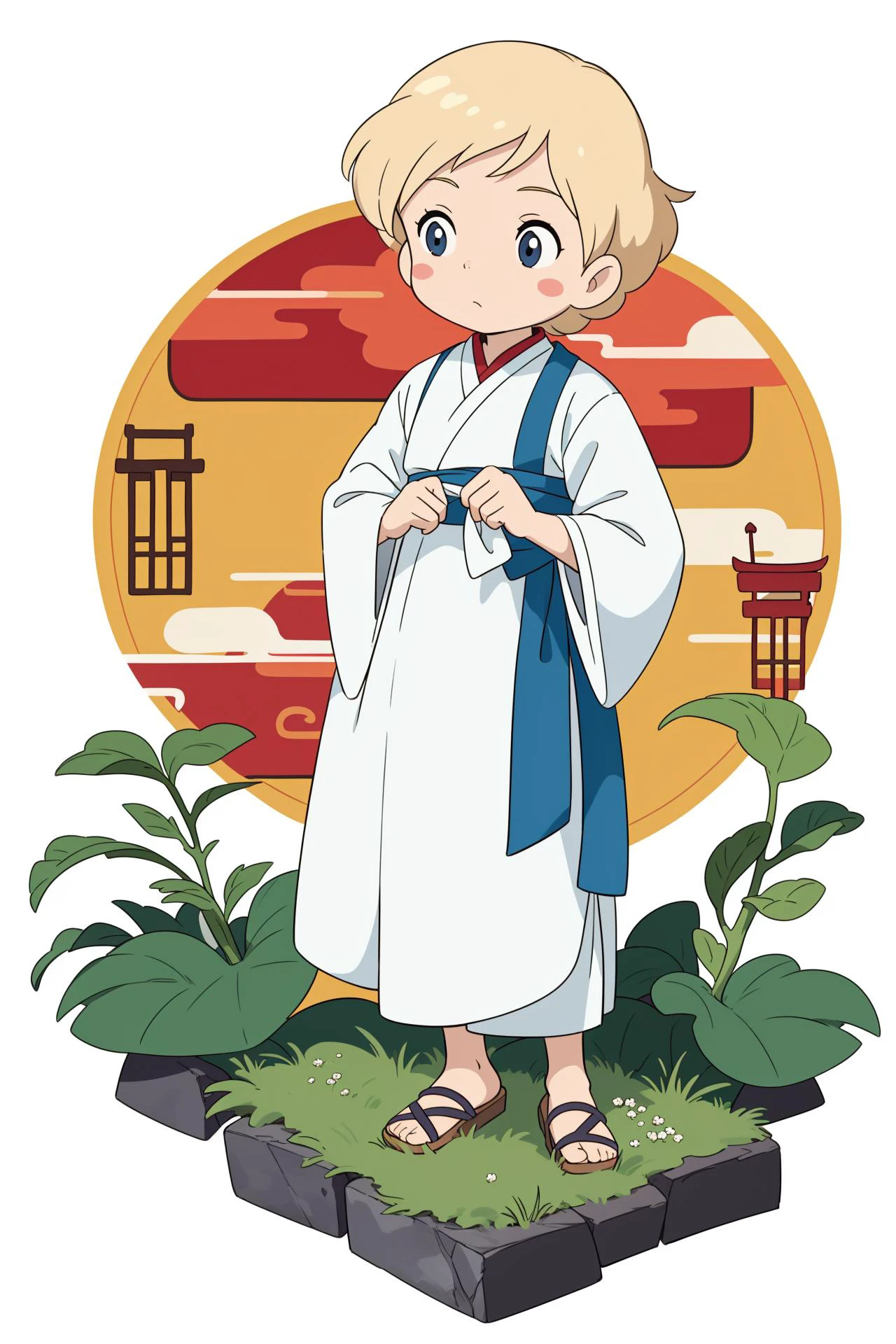 ((sticker design, white background)), girl, pearl blonde, , (china art, hanfu:1.2), bare shoulder, cleavage, , (masterpiece, best quality:1.6), ghibli, at Midday, Helsinki, landscaping, croatia,