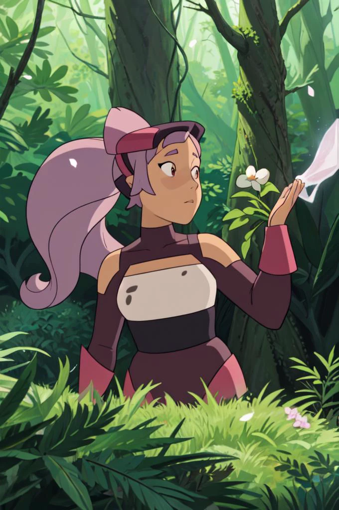 upper body, solo, 1girl, entrapta stands outside in a forest, raising hands, illustration, ghibli, flower petals everywhere, magic effects, <lora:Entrapta-08:1>