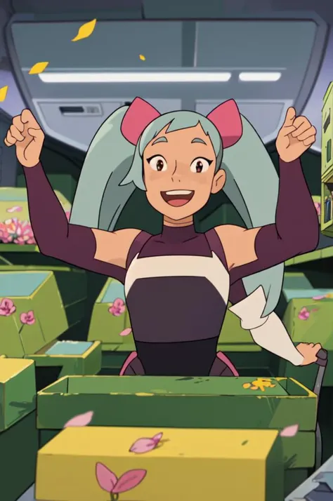 upper body, solo, 1girl, entrapta stands in a machinery room, illustration, ghibli, flower petals everywhere, magic effects, long twintails, happy, dynamic pose <lora:Entrapta-08:0.8>